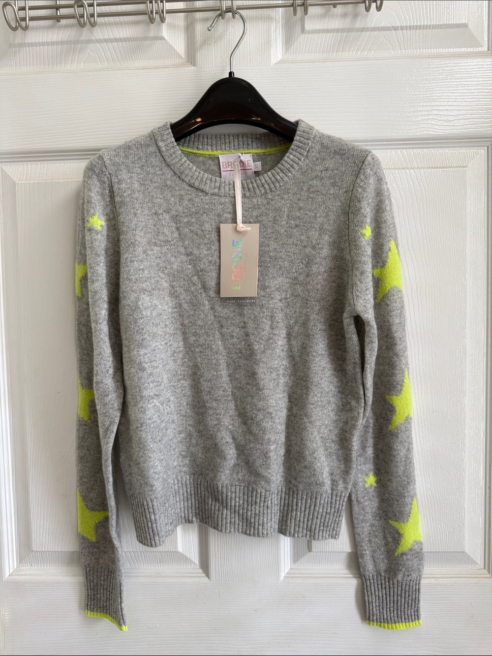 NWT Brodie Cashmere Out of this World Crewneck Sweater with Neon Yellow Stars